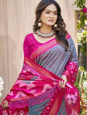 grey color woven work pochampally art silk blend saree 3