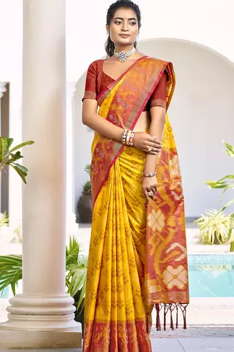 yellow color woven work pochampally art silk saree
