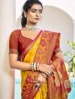 yellow woven work pochampally art silk blend saree 3