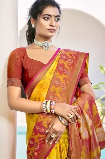 yellow color woven work pochampally art silk blend saree
