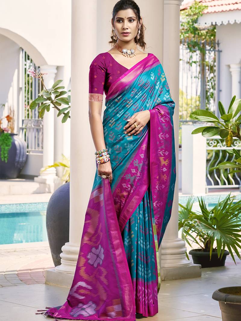 sky blue color woven work pochampally art silk saree