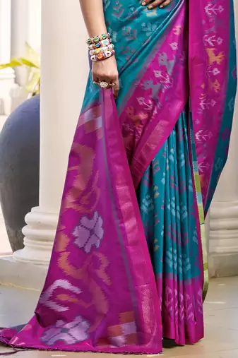 sky blue color woven work pochampally art silk blend saree