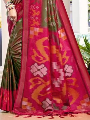 olive green color woven work pochampally art silk blend saree 2