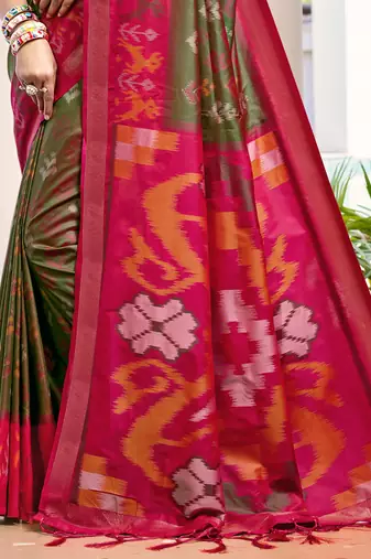 olive green color woven work pochampally art silk blend saree