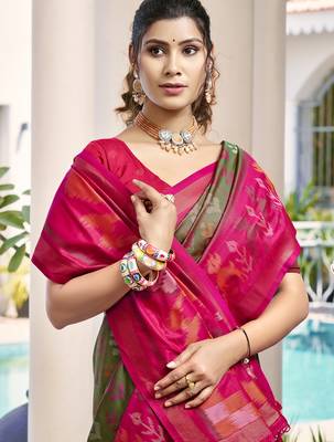 olive green color woven work pochampally art silk blend saree 3
