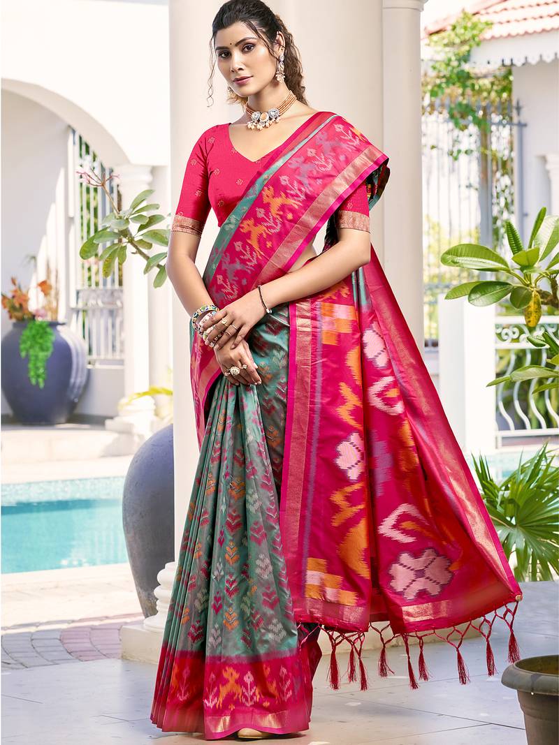 grey color woven work pochampally art silk saree