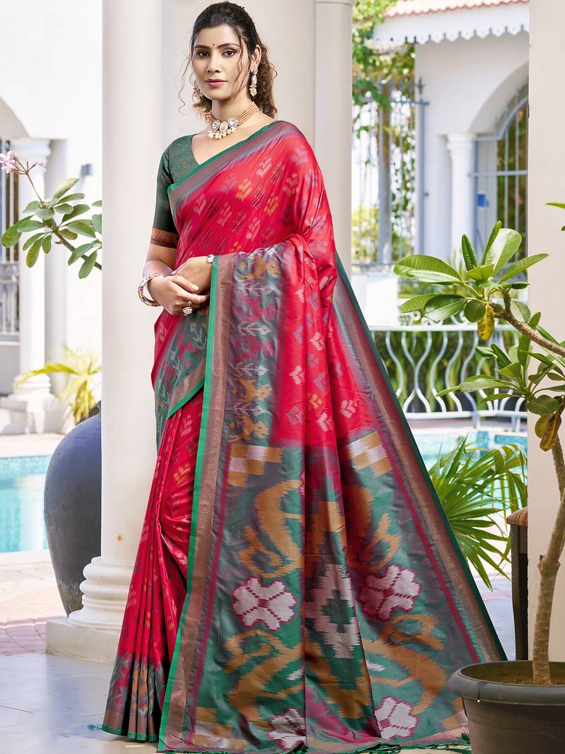 red color woven work pochampally art silk saree