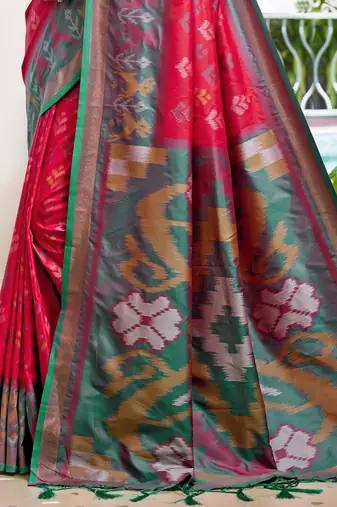 red color woven work pochampally art silk blend saree