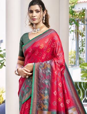 red color woven work pochampally art silk blend saree 3