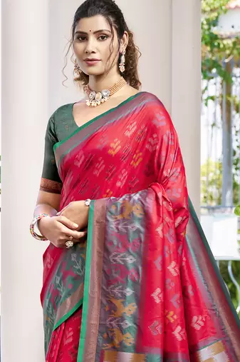 red color woven work pochampally art silk blend saree