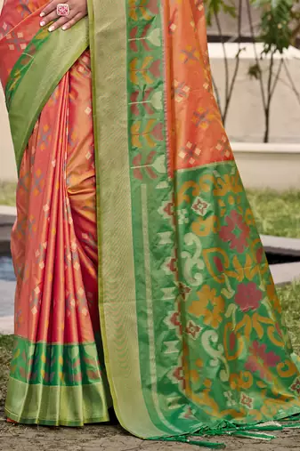 orange color woven work pochampally art silk blend saree