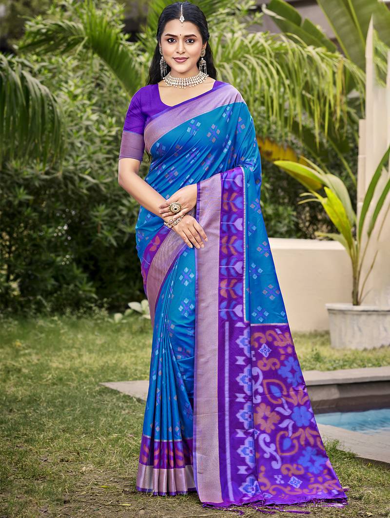 blue color woven work pochampally art silk saree