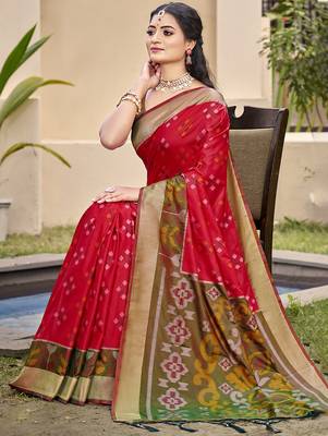 red color woven work pochampally art silk blend saree 1