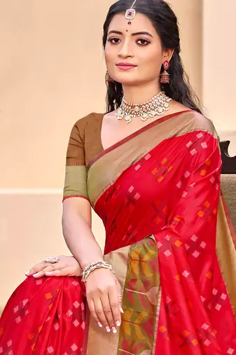 red color woven work pochampally art silk blend saree