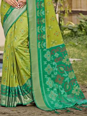 light green color woven work pochampally art silk blend saree 2