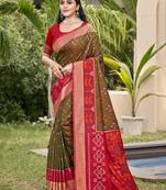 brown color woven work pochampally art silk saree