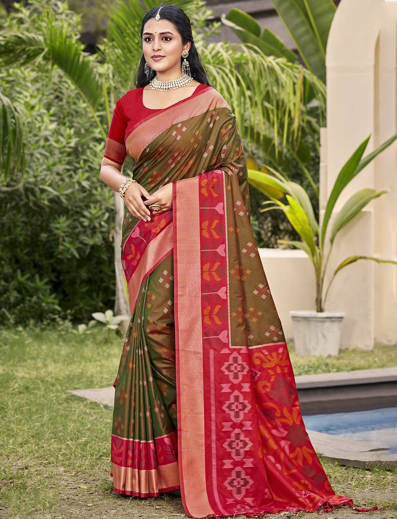 brown color woven work pochampally art silk saree