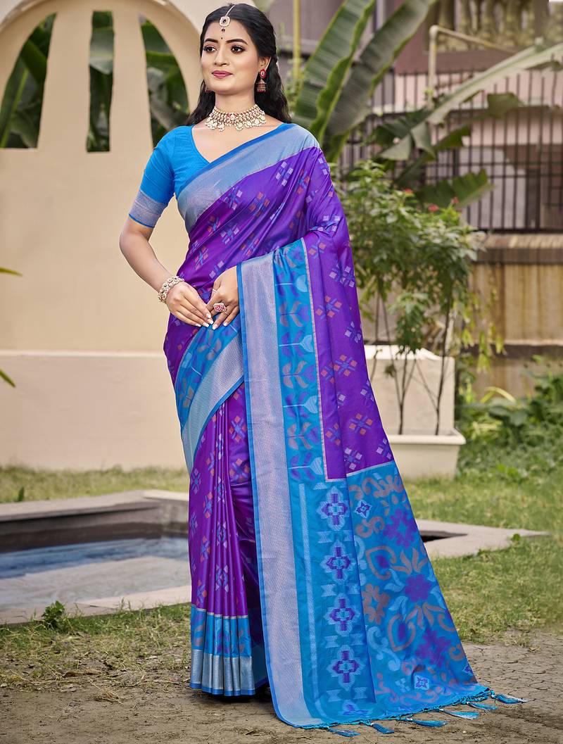 violet color woven work pochampally art silk saree