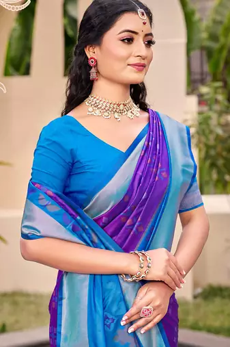 violet color woven work pochampally art silk blend saree