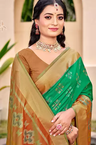 Green color woven work pochampally art silk blend saree