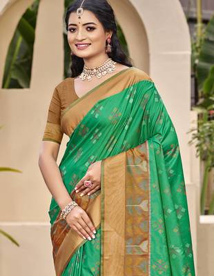 Green color woven work pochampally art silk blend saree 4