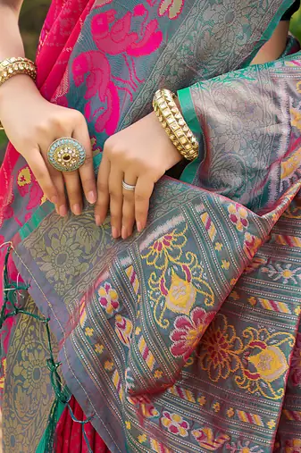 pink color woven work pochampally art silk blend saree