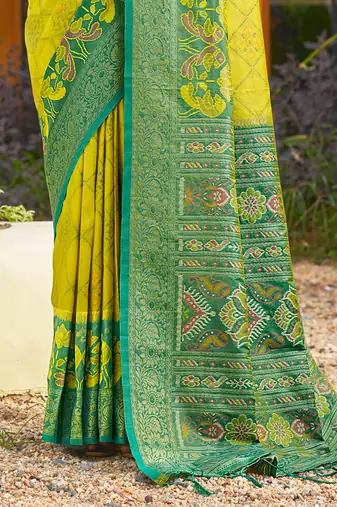 green color woven work pochampally art silk blend saree