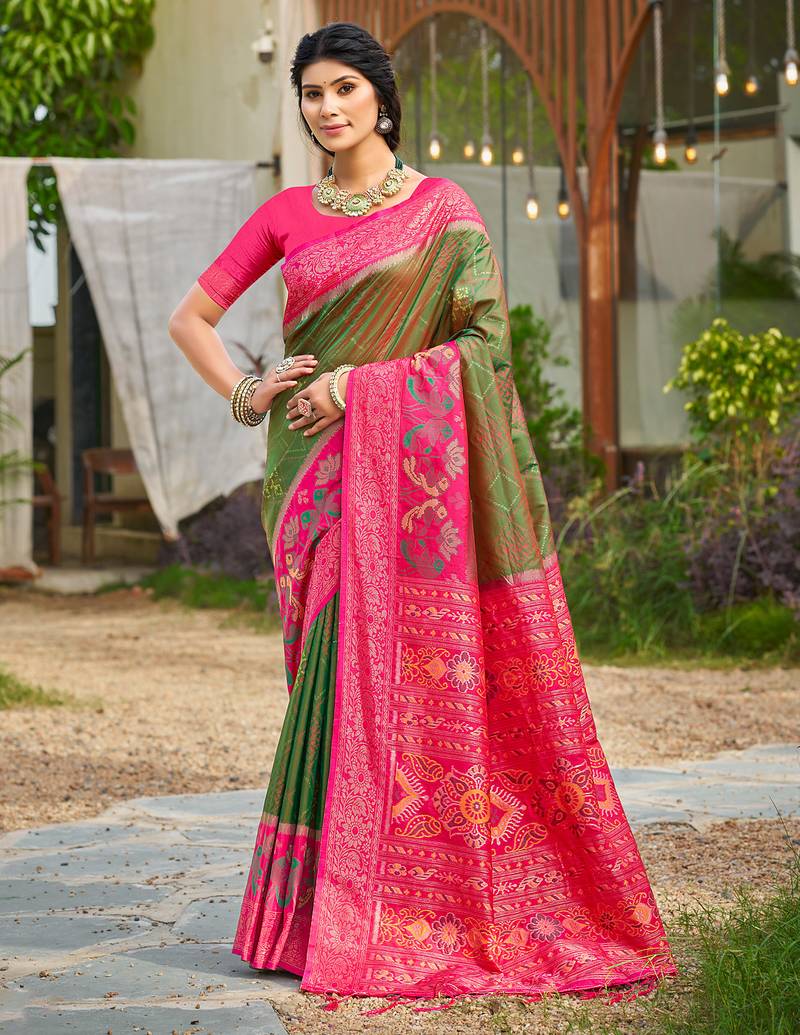 mehandi color woven work pochampally art silk saree