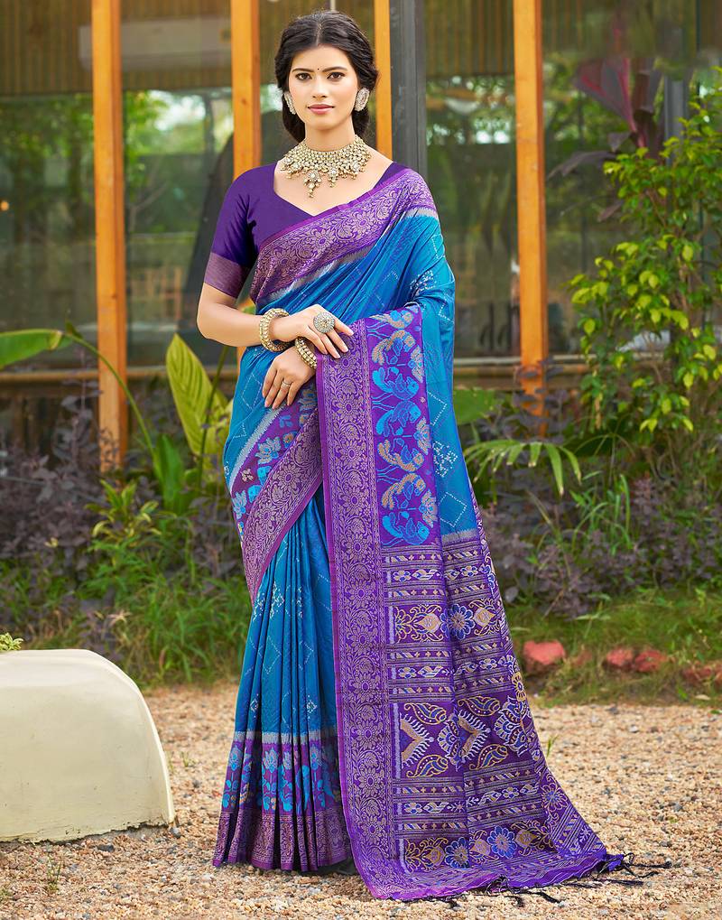 blue color woven work pochampally art silk saree