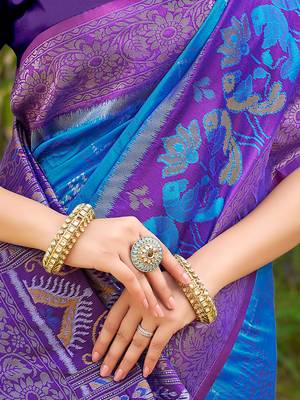 blue color woven work pochampally art silk blend saree 2