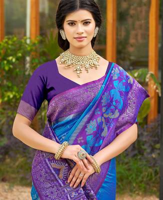 blue color woven work pochampally art silk blend saree 4