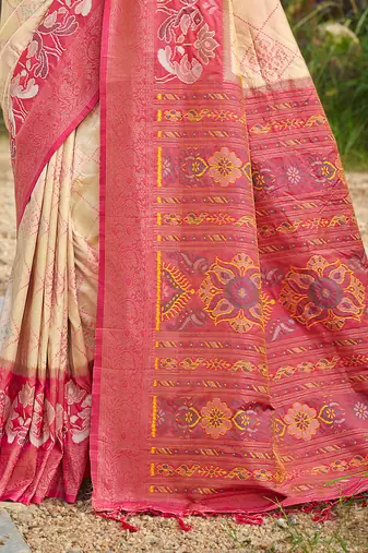 cream color woven work pochampally art silk blend saree