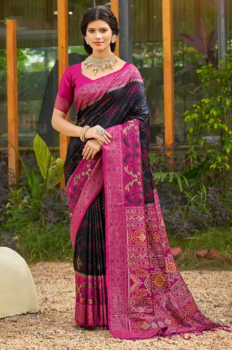 black color woven work pochampally art silk saree