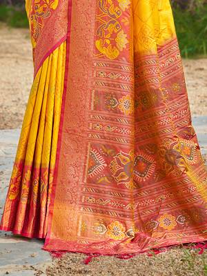 yellow color woven work pochampally art silk blend saree 2