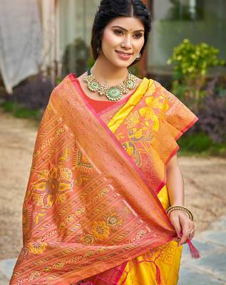 yellow color woven work pochampally art silk blend saree 3