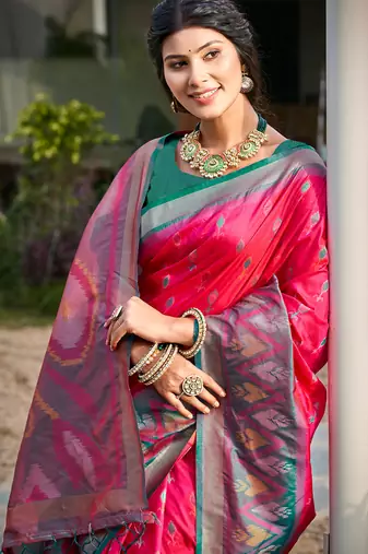 pink color woven work pochampally art silk blend saree