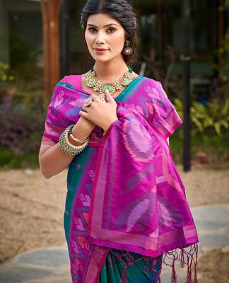 sky blue color woven work pochampally art silk blend saree 3