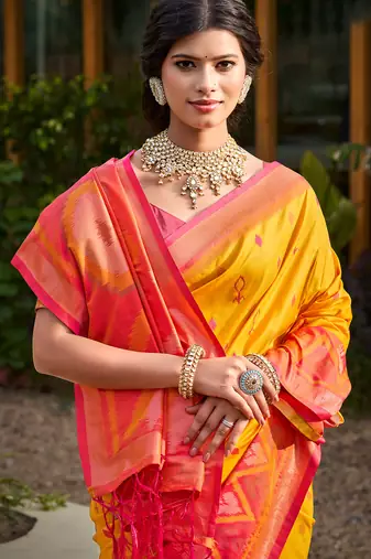 yellow color woven work pochampally art silk blend saree