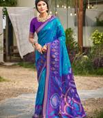 blue color woven work pochampally art silk saree