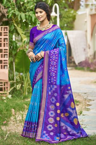 blue color woven work pochampally art silk saree