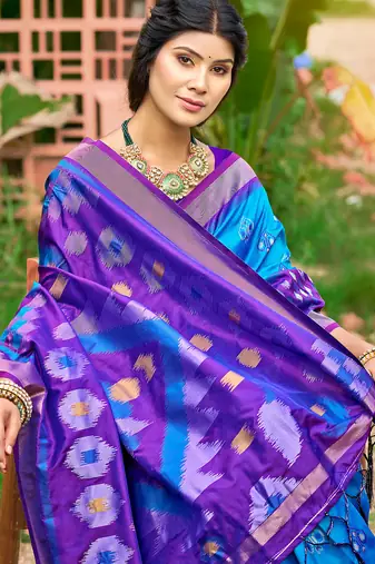 blue color woven work pochampally art silk blend saree
