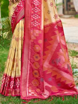 cream color woven work pochampally art silk blend saree 2