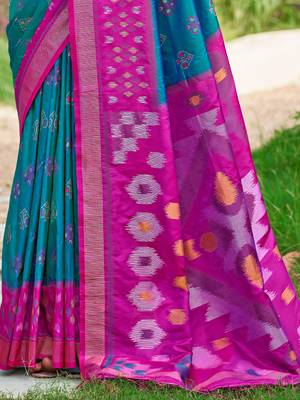 sky blue color woven work pochampally art silk blend saree 2