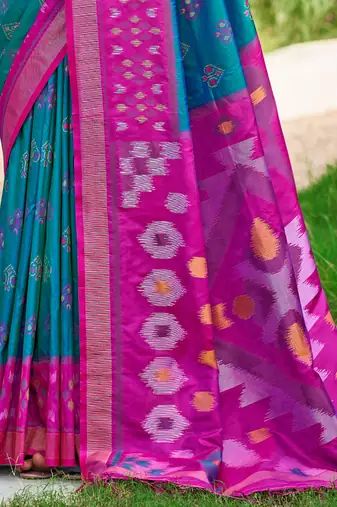 sky blue color woven work pochampally art silk blend saree