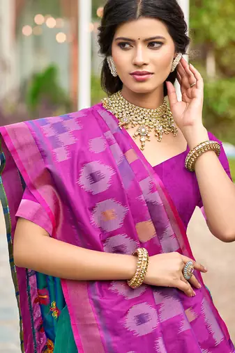 sky blue color woven work pochampally art silk blend saree
