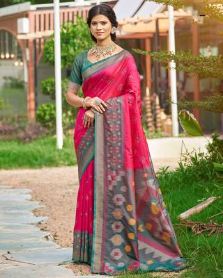 pink color woven work pochampally art silk blend saree 1