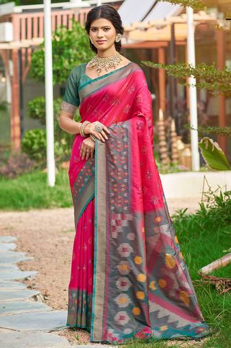 pink color woven work pochampally art silk saree