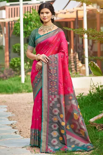 pink color woven work pochampally art silk saree