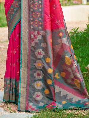 pink color woven work pochampally art silk blend saree 2