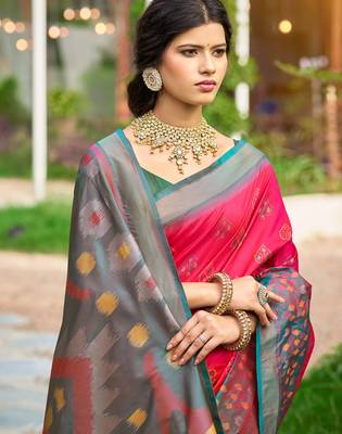 pink color woven work pochampally art silk blend saree 3